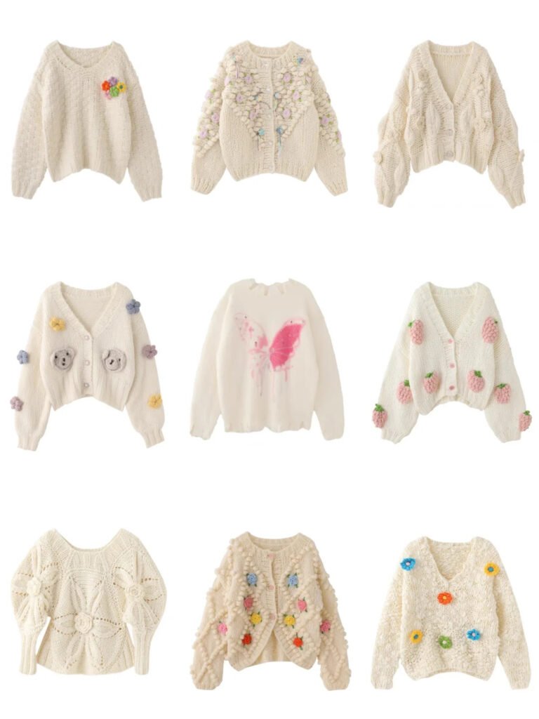 North American style knitwear collection. Neatly arranged sweaters with strong textures in a realistic flat lay.