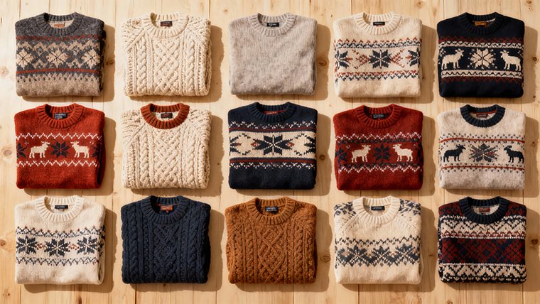 A poster-style flat lay showcasing the latest North American knitwear trends. A curated collection of sweaters is neatly arranged, highlighting the intense texture of chunky wool, fine gauge knits, and classic cable stitches in a cohesive, earthy color palette. The realistic photography and clean composition evoke a sense of modern, casual luxury.