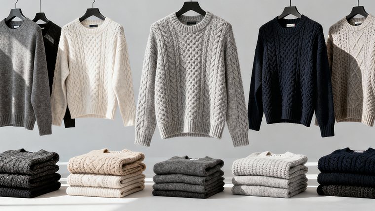 Italian style knitwear collection. Neatly arranged sweaters showcasing sophisticated designs and luxurious materials.
