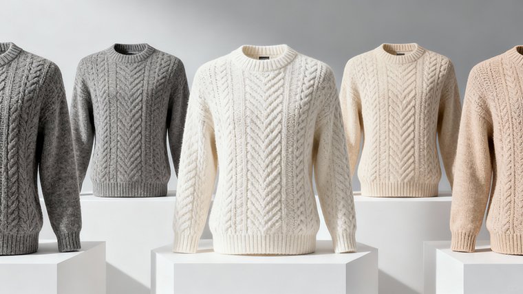 A masterful combination of knitting and embroidery. This detail shot highlights how the embroidery pattern is seamlessly integrated into the knit structure, following and enhancing the garment's natural drape.