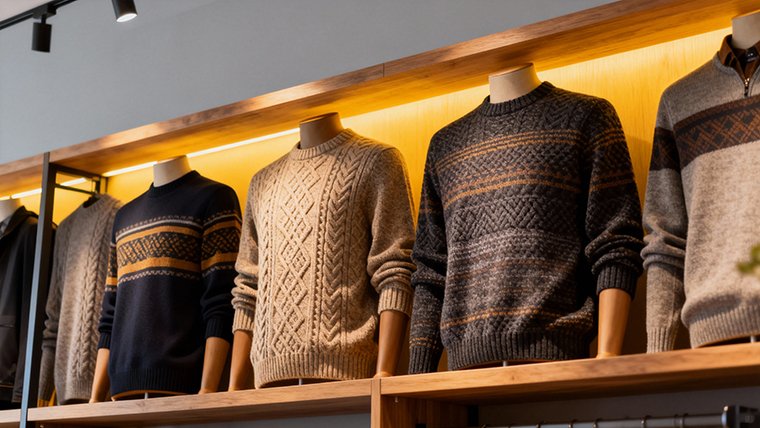 Italian style knitwear collection. Neatly arranged sweaters showcasing sophisticated designs and luxurious materials.