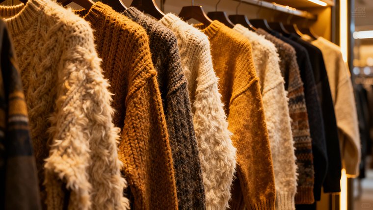 North American style knitwear collection. Neatly arranged sweaters with strong textures in a realistic flat lay.