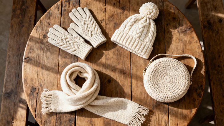 Overhead flat lay of knit accessories: cable-knit gloves, bobble hat, infinity scarf, round knit bag in cream and beige.