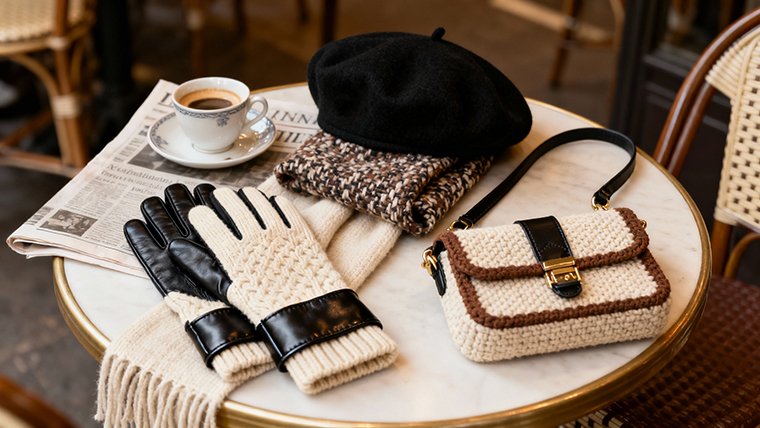 Italian-style knitwear collection: leather-trimmed gloves, a beret, a textured scarf, and a crossbody bag in a neutral café setting.
