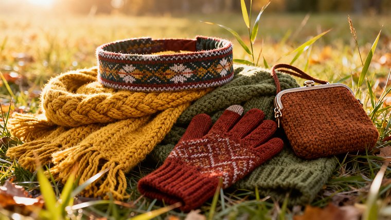A curated set of earthy-toned knitwear for autumn: Fair Isle headband, chunky knit scarf, textured gloves, and a knit pouch. Photographed in soft golden hour light.