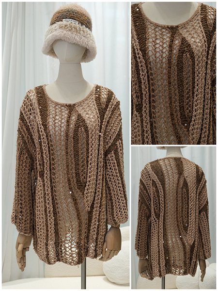 A one-of-a-kind hand-loomed sweater, showcasing the rich texture and depth that only traditional hand-knitting techniques can achieve. The piece carries the soul and skill of the maker in every loop.The intricate beading on this dress form captures a soft, shimmering effect. Each sequin and bead is individually placed to create a fluid, luminous surface that moves with the knit's drape.