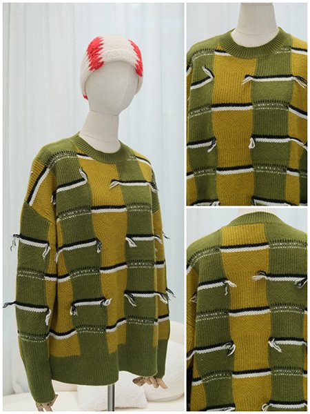 An extreme close-up on the sophisticated detail of a custom-knit cardigan. The image highlights the precise combination of a delicate popcorn stitch and a fine ribbed knit, creating a rich, tactile surface from 100% cashmere.Focus on the intricate intarsia knitting technique on a sweater form, showcasing a multi-color geometric pattern with flawless color transitions and no dangling threads on the inside, a testament to superior craftsmanship.