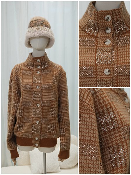 Focus on the hand-finished placket and custom mother-of-pearl buttons of a luxury knit jacket. This detail shot underscores the artisanal attention to detail and the superior finishing that defines our haute couture service.