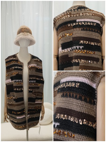 Close-up detail of a hand-finished placket and buttonhole. The precision of the hand-stitching underscores the meticulous attention given to every component of the garment, ensuring durability and a flawless custom look.Focus on the artfully embellished cuff of a knit sleeve. A cascade of silver and crystal beads is meticulously hand-stitched, creating a striking, sculptural detail that showcases unparalleled craftsmanship.