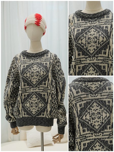 Focus on the intricate intarsia knitting technique on a sweater form, showcasing a multi-color geometric pattern with flawless color transitions and no dangling threads on the inside, a testament to superior craftsmanship.