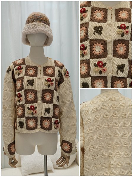 Focus on the intricate intarsia knitting technique on a sweater form, showcasing a multi-color geometric pattern with flawless color transitions and no dangling threads on the inside, a testament to superior craftsmanship.