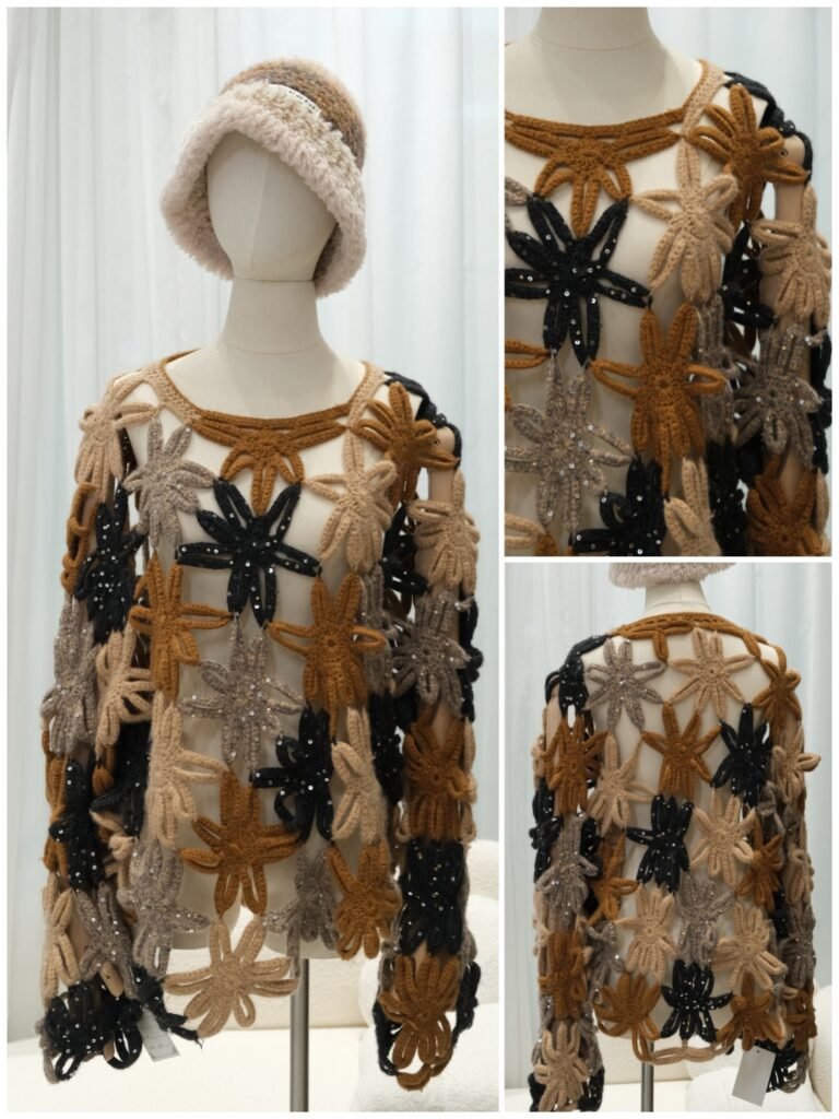 Hand crochet flower sequin hollow knit top, hybrid hand-knit manufacturing, 3D floral handmade knitwear with sequin detail, custom boutique knit sweater