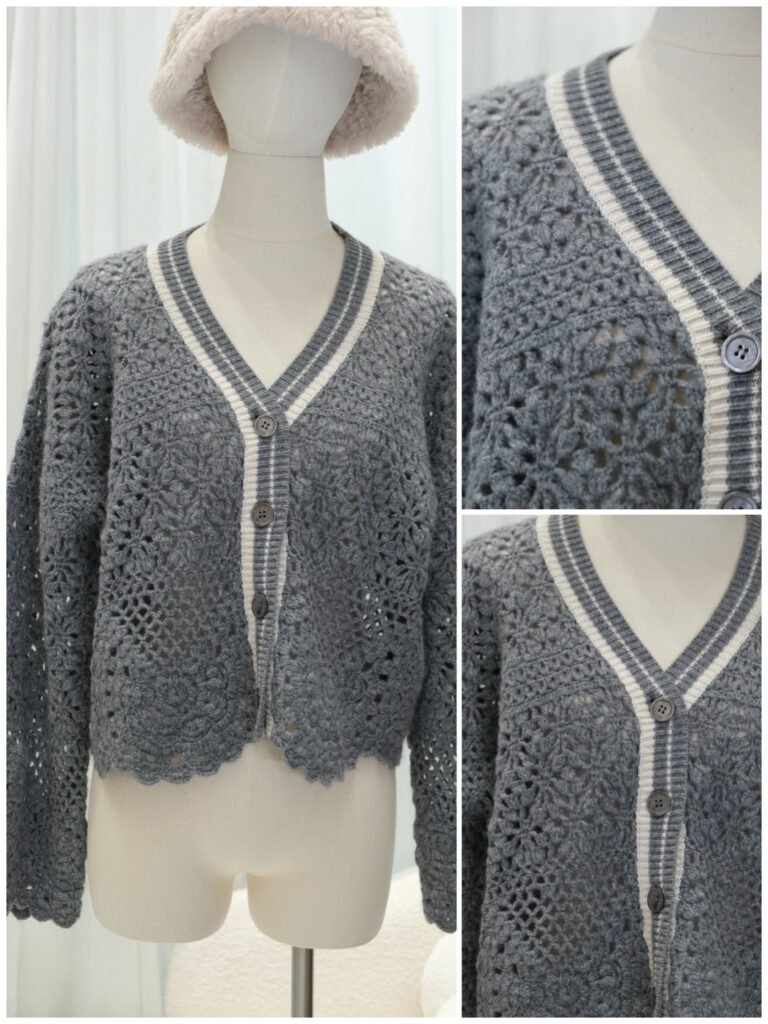 Grey lace hollow V-neck crochet cardigan, hybrid hand-knit manufacturing handmade openwork knit jacket, custom lightweight knit outerwear