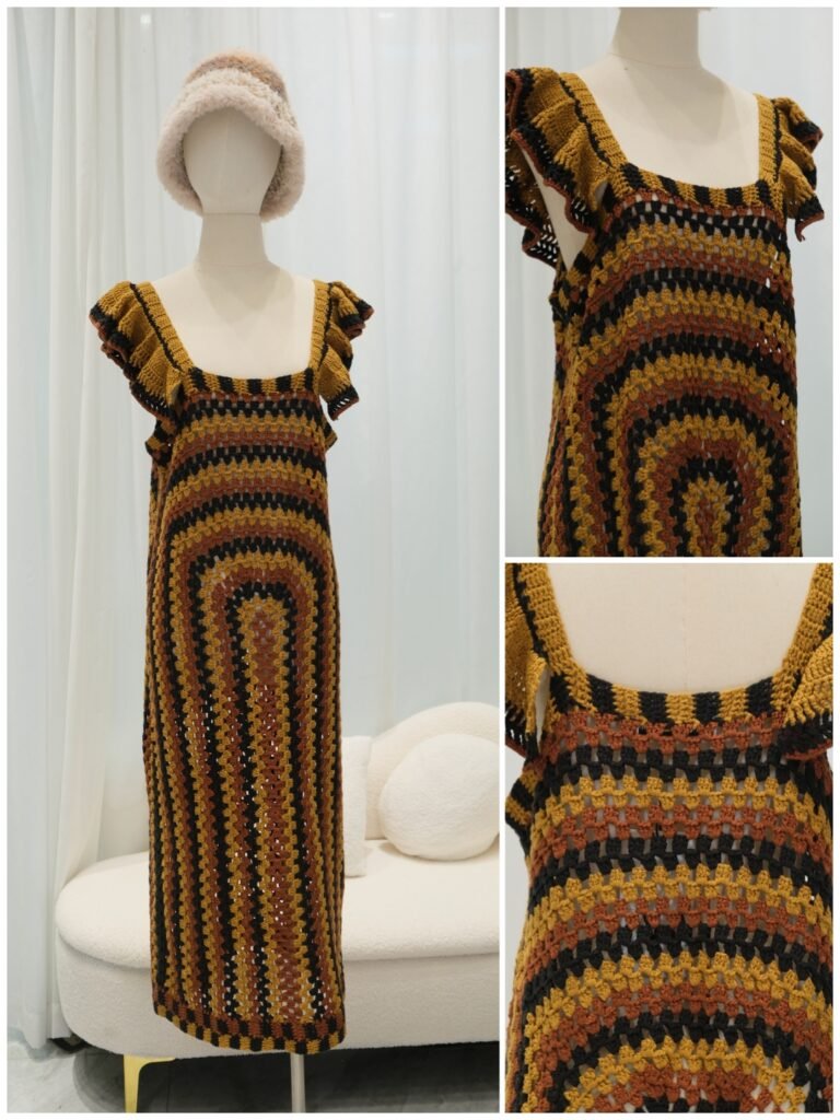 Retro stripe ruffle shoulder crochet slip midi dress, hybrid hand-knit manufacturing handmade hollow knit dress, boho custom knitwear