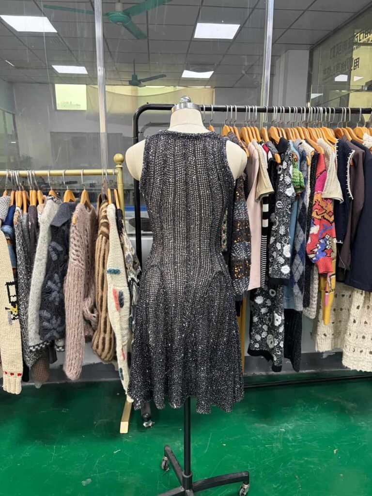 Back view of black sequin knits embroidery dress