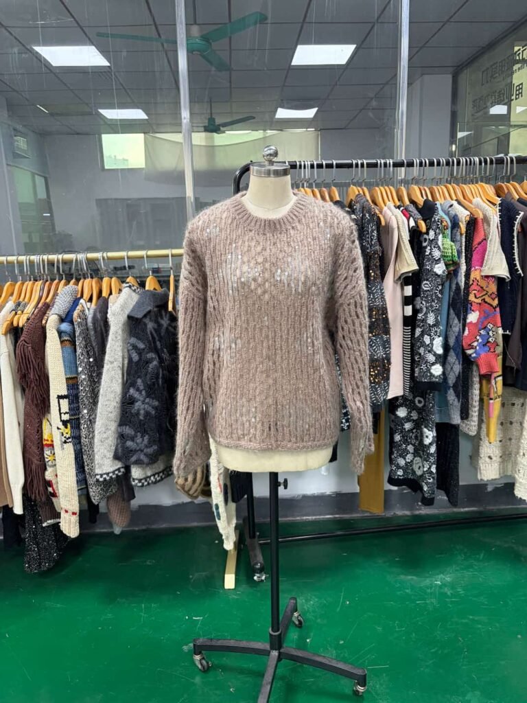 Beige sweater with knits embroidery and sequin embellishments