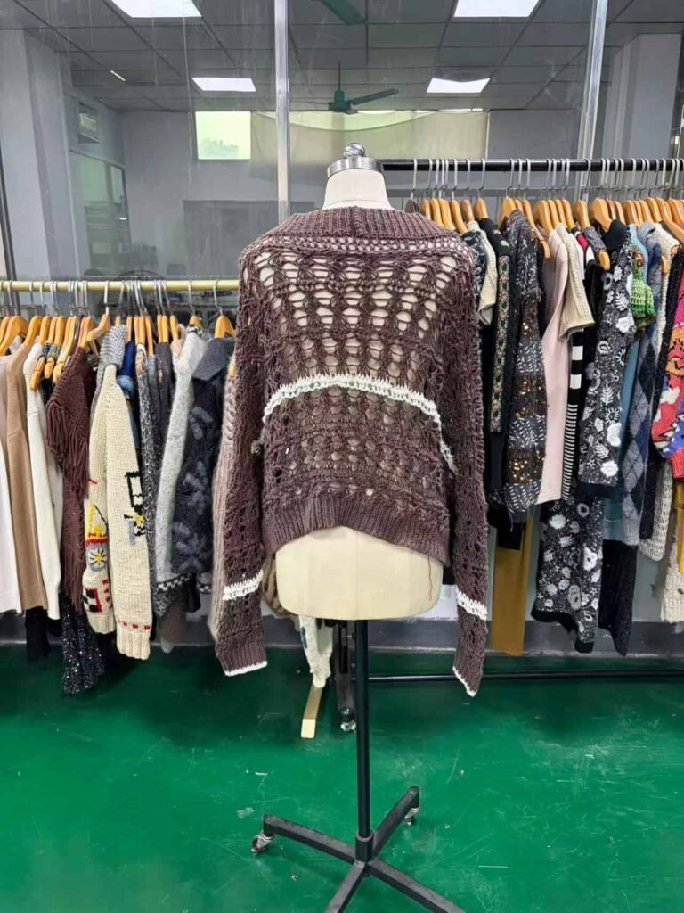 Back view of brown custom crochet cardigan