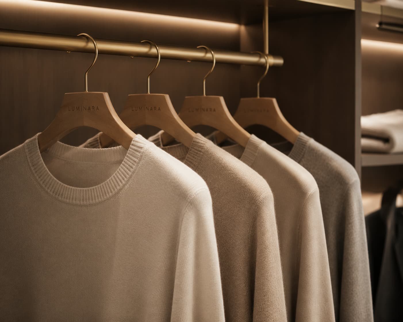 Boutique-quality premium cashmere knitwear displayed in a high-end luxury retail store.