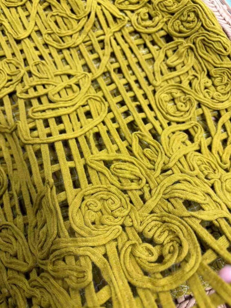 Macro texture shot of intricate appliqué and cording embroidery patterns.