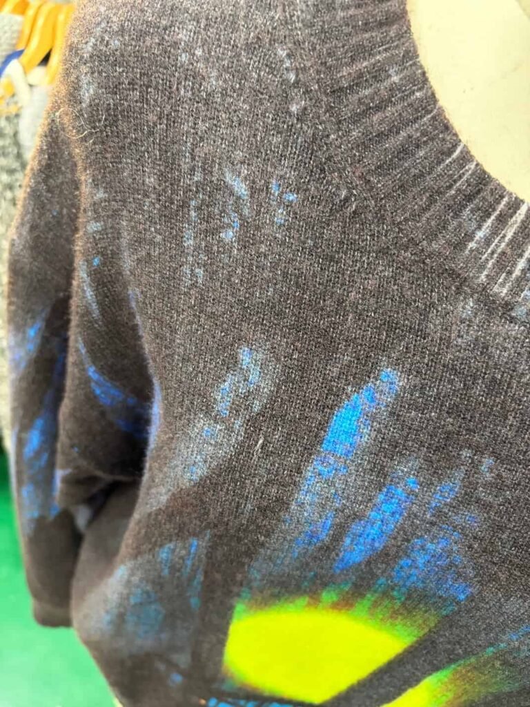 Close-up of sweater embroidery and sequin yarn