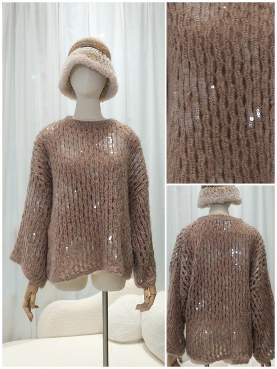 Dusty mauve sheer mohair hollow rib knit sweater scattered with silver sequins, premium-knitwear-collections flared wide bell sleeve lightweight knit top
