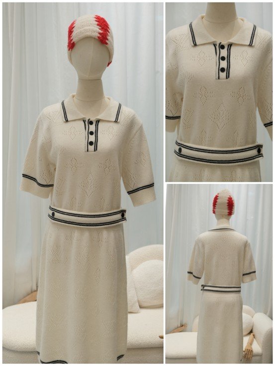 Cream white polo collar hollow diamond lace knit midi dress with striped trim self fabric waist belt, premium-knitwear-collections short sleeve knit dress