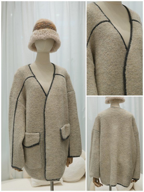 Oat beige fuzzy wool blend V-neck open front knit coat with dark grey contrast piping trim, premium-knitwear-collections oversized pocket knit outerwear